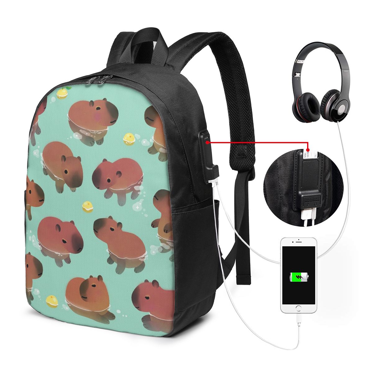 Womens Backpack - Capybara Hayvan Desenli Sırt Çantası Seyahat