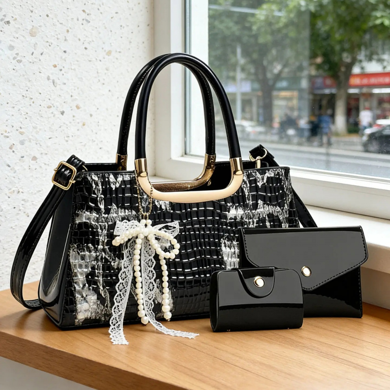 Women Bags For Party - Kadın Çanta Seti, Timsah Desenli Gece
